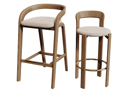 Modern Wooden Bar Stools With Curved Backrest And Light Upholstered Seats 3d model