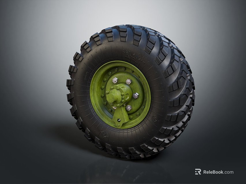 Heavy Duty Off Road Tire With Deep Tread And Green Metal Rim 3d model 