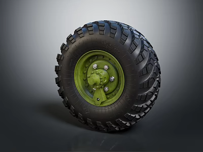 Heavy Duty Off Road Tire With Deep Tread And Green Metal Rim 3d model
