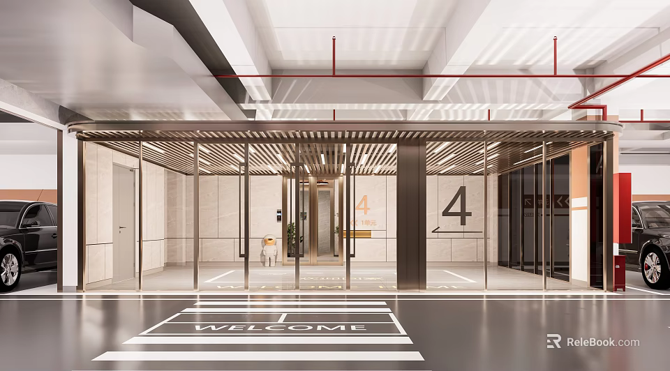 Modern Parking Garage Entrance Featuring Glass Doors Digital Number 4 And Welcome Floor Sign 3d model 