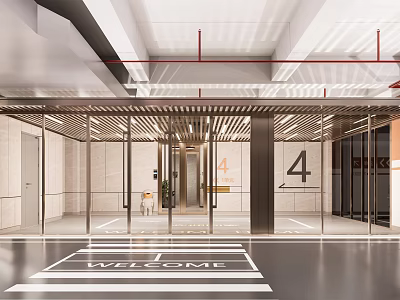 Modern Parking Garage Entrance Featuring Glass Doors Digital Number 4 And Welcome Floor Sign 3d model