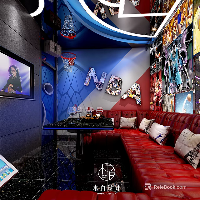 Modern KTV Interior With Red Sofa Basketball Hoop NBA Decorations And TV Screen 3d model 