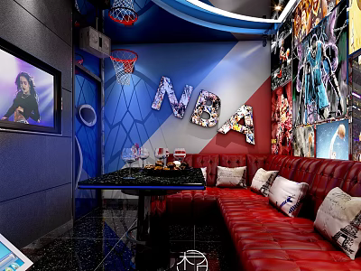 Modern KTV Interior With Red Sofa Basketball Hoop NBA Decorations And TV Screen 3d model