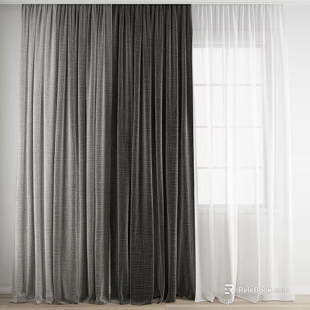 Stylish Gray Curtains Paired With White Sheer Panels For Modern Home Windows 3d model 