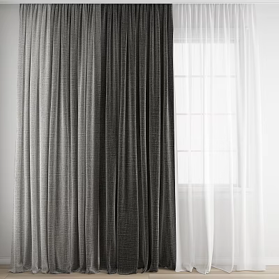 Stylish Gray Curtains Paired With White Sheer Panels For Modern Home Windows 3d model
