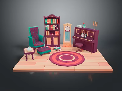Colorful Living Room Furniture With Armchair Bookshelf Piano And Round Rug 3d model