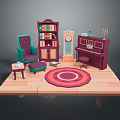 Colorful Living Room Furniture With Armchair Bookshelf Piano And Round Rug