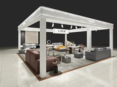 Modern White Frame Furniture Exhibition Booth With Sofa Coffee Table And Top LOGO 3d model