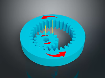 Blue Mechanical Hardware Gear With Red Arrows Showing Rotation Direction 3d model