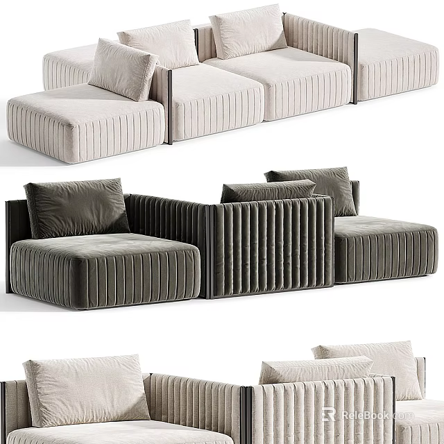Beige And Gray Sectional Sofa With Modular Design Ribbed Texture And Soft Cushions 3d model 