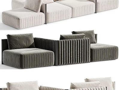Beige And Gray Sectional Sofa With Modular Design Ribbed Texture And Soft Cushions 3d model