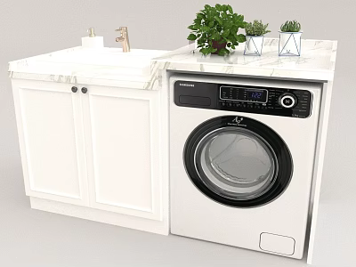Modern Laundry Room Interior Design With Washing Machine White Cabinets Marble Countertop And Green Plants 3d model