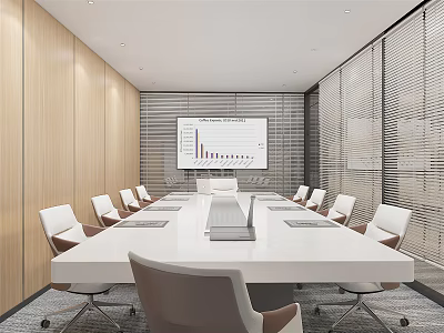 Modern Conference Room Interior Design With Long Table White Chairs Projection Screen And Charts 3d model