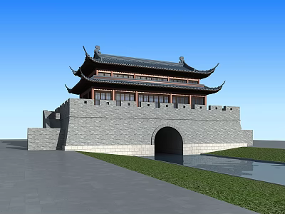 Ancient Chinese City Gate Structure With Gray Brick Walls And Moat Under Blue Sky 3d model