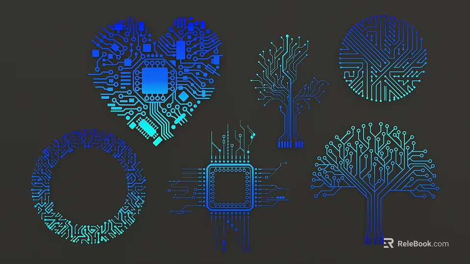 Creative Circuit Board Lines Design With Heart Tree Circle Shapes Blue Teal On Dark Background 3d model 