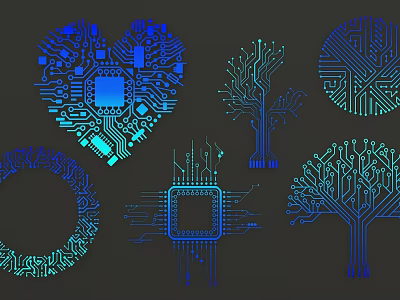 Creative Circuit Board Lines Design With Heart Tree Circle Shapes Blue Teal On Dark Background 3d model