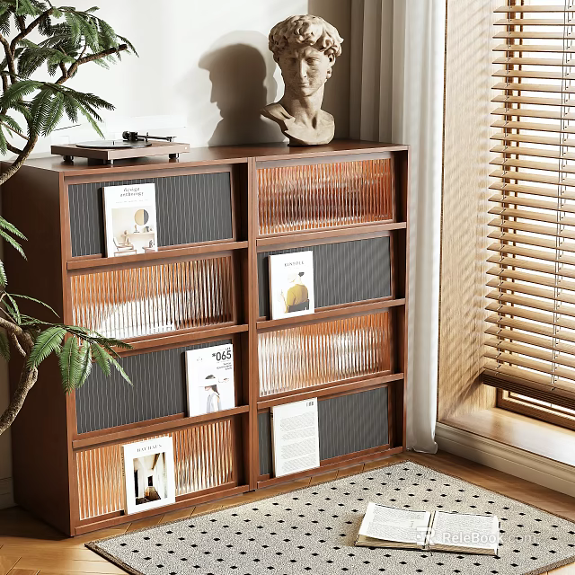 Modern Wooden Storage Shelf With Multiple Compartments And Magazines In Home Interior 3d model 