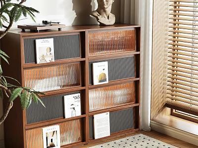 Modern Wooden Storage Shelf With Multiple Compartments And Magazines In Home Interior 3d model