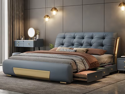 Elegant Modern Bedroom Interior With Blue Tufted Bed Gold Accents And Storage Drawers 3d model