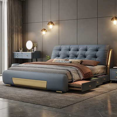 Elegant Modern Bedroom Interior With Blue Tufted Bed Gold Accents And Storage Drawers 3d model
