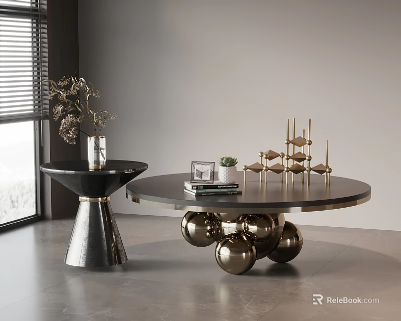 Modern Round Coffee Table With Gold Sphere Base And Decorative Items 3d model