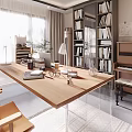 Modern Living Room Interior Design with Bookshelves Chairs Table and Natural Light