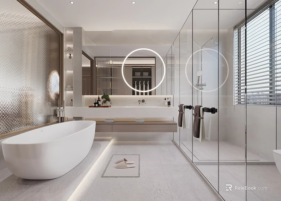 Modern Bathroom Interior With White Bathtub Glass Shower Enclosure Round Mirror And Vanity 3d model 