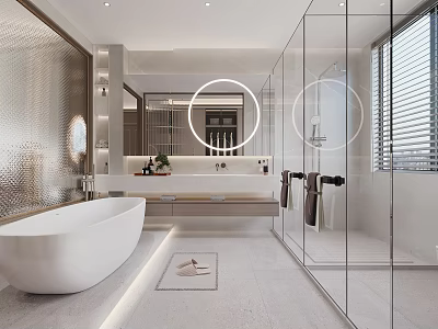Modern Bathroom Interior With White Bathtub Glass Shower Enclosure Round Mirror And Vanity 3d model