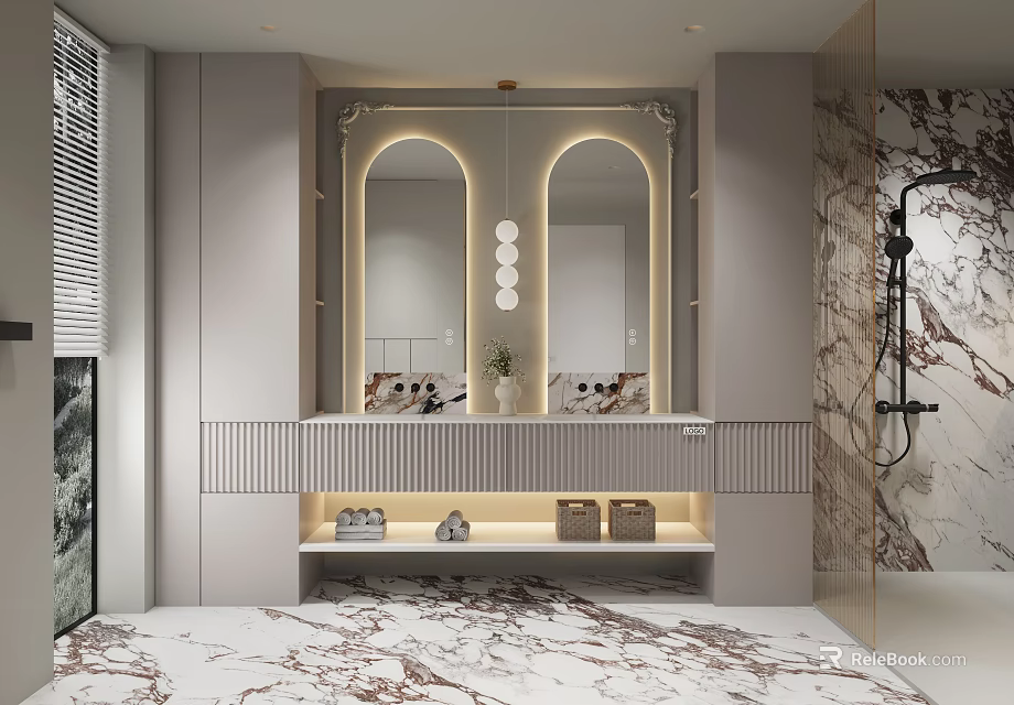 Modern Bathroom With Arched Mirrors Storage And Marble Accents 3d model 