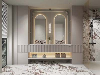 Modern Bathroom With Arched Mirrors Storage And Marble Accents 3d model