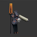 Mechanical Robot Character Holding Flaming Torch With Glowing Orange Accents And Armored Exoskeleton Design