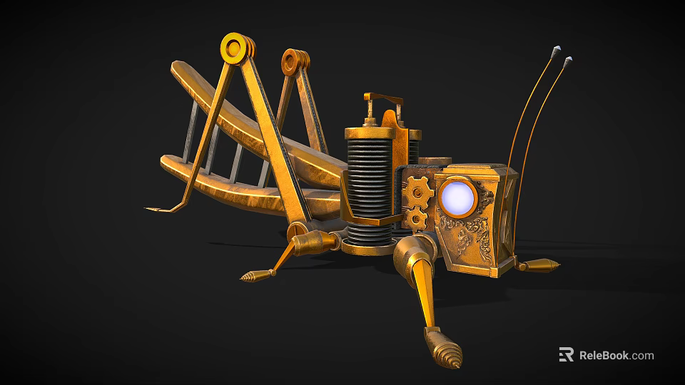 Golden Steampunk Mechanical Insect with Gear Details Bulb Eyes and Metal Legs 3d model 