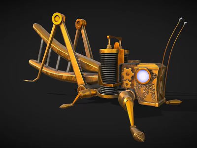 Golden Steampunk Mechanical Insect with Gear Details Bulb Eyes and Metal Legs 3d model