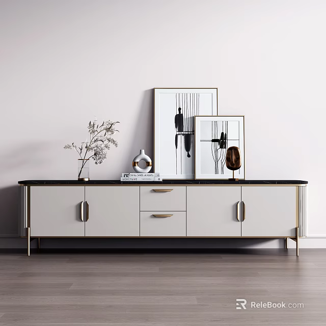 Elegant Modern TV Stand With White Black Finish Golden Legs And Decorative Artworks 3d model 