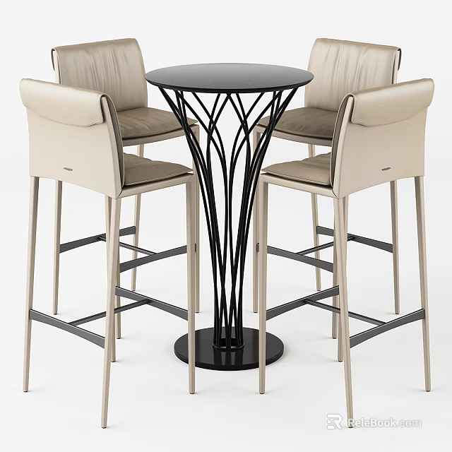 Stylish Modern Dining Chairs With Beige Leather Seats Metal Frames And Black Round Table 3d model 