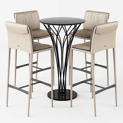Stylish Modern Dining Chairs With Beige Leather Seats Metal Frames And Black Round Table 3d model