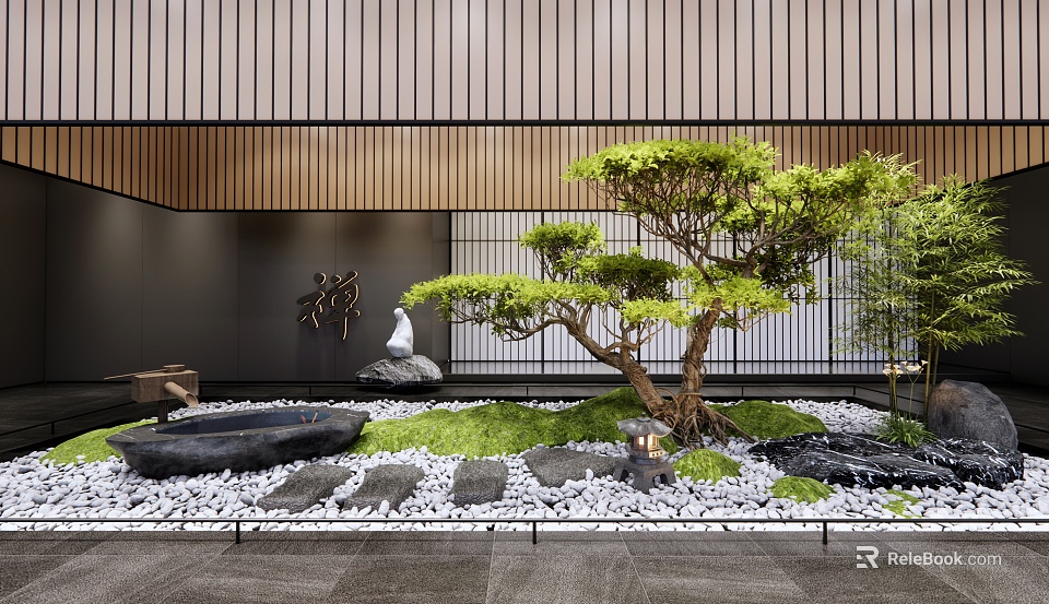 Japanese Zen Garden Ornament With Pine Tree Stones Moss Pebbles And Wooden Lattice 3d model 