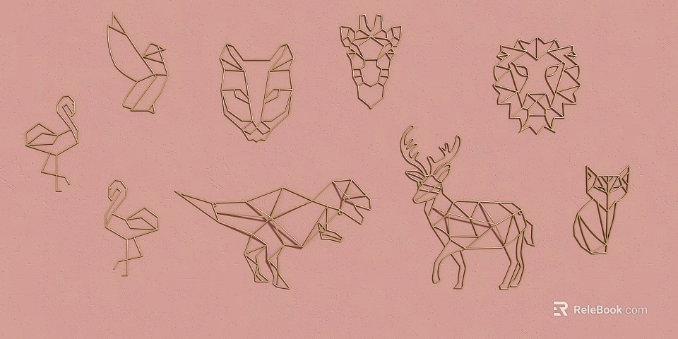 Modern Geometric Animal Wall Decor With Gold Lines On Pink Background 3d model 