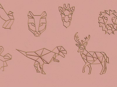 Modern Geometric Animal Wall Decor With Gold Lines On Pink Background 3d model