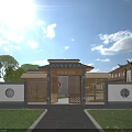 Traditional Ancient Architecture Courtyard With Wooden Structure Stone Path And Green Plants