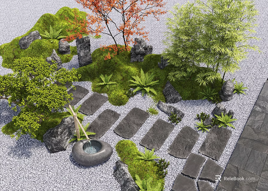 Japanese Courtyard Garden With Stone Stepping Path Moss Covered Rocks And Lush Green Plants 3d model 