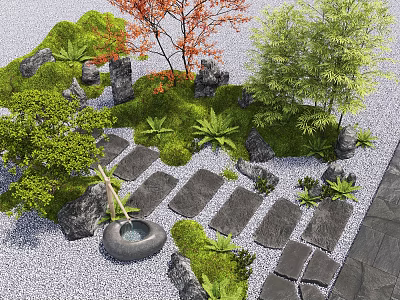 Japanese Courtyard Garden With Stone Stepping Path Moss Covered Rocks And Lush Green Plants 3d model