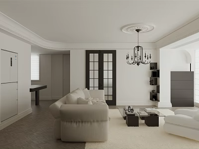 Modern Living Dining Room Interior With White Sofa Coffee Table Chandelier And Wooden Flooring 3d model