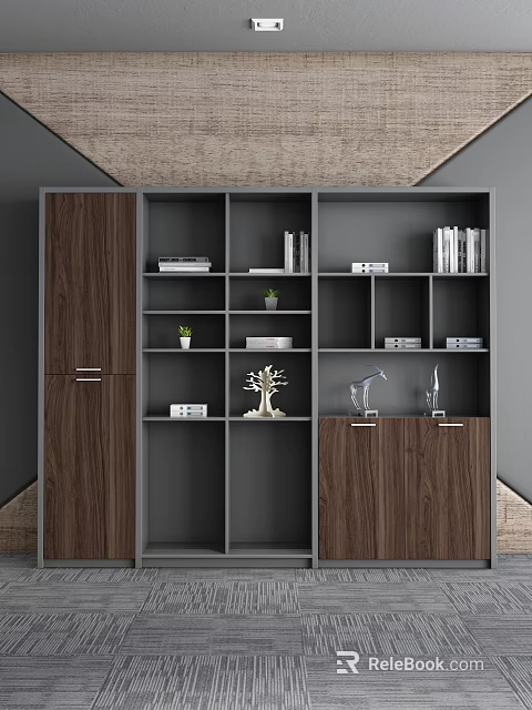 Modern Office Storage Shelf Interior Design With Gray Wooden Shelves Small Plants And Decorative Items 3d model 