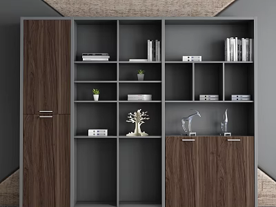Modern Office Storage Shelf Interior Design With Gray Wooden Shelves Small Plants And Decorative Items 3d model