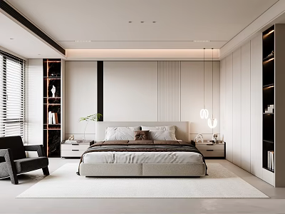 Modern Bedroom Interior With Simple Lines Neutral Tones Bed Pendant Lights And Bookshelf 3d model