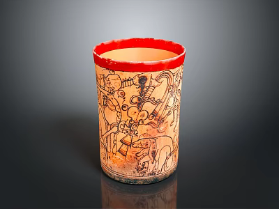 Ancient Carved Ceramic Vessel With Red Rim And Intricate Black Patterns 3d model