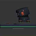 Metallic Robot With Dome Head On Blue Platform Featuring Orange Stripes And Dirt Pile