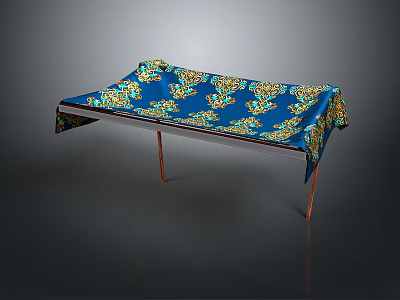 Elegant Table Featuring Blue Tablecloth With Yellow Green Patterns And Metal Legs 3d model