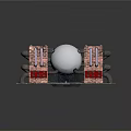 Industrial Equipment Setup Featuring Brick Bases Metal Sphere Red Panels Pipes And Chains